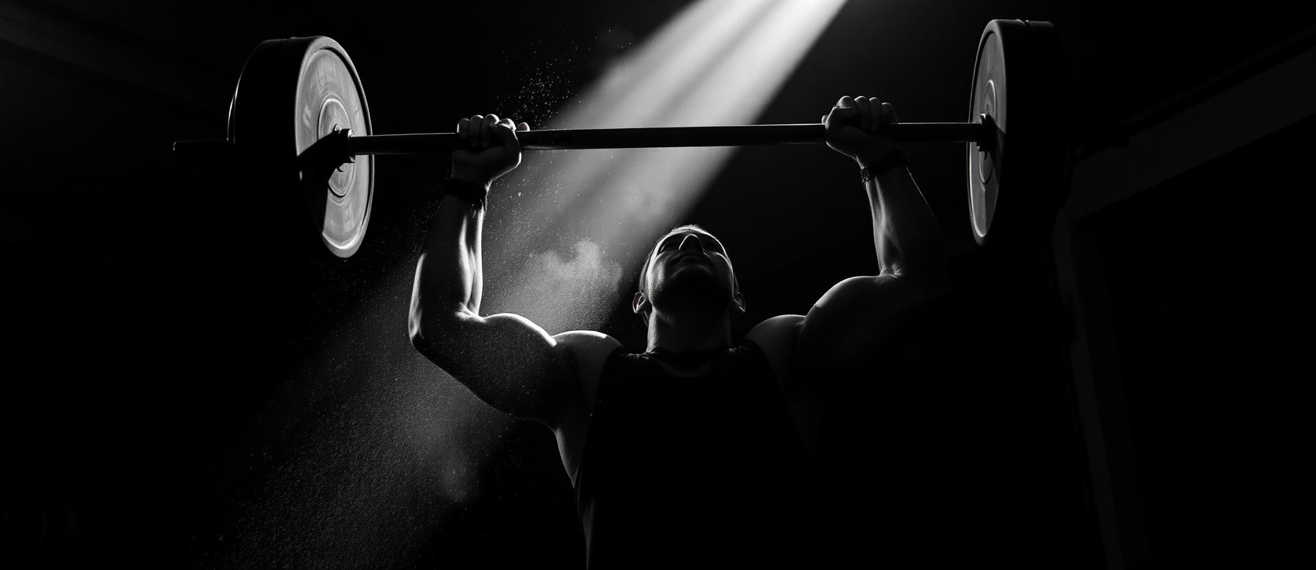 Athlete pressing a loaded barbell overhead in a dark gym